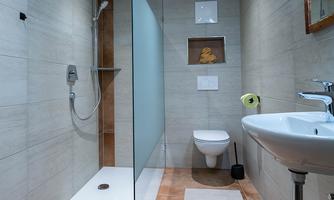 A modern bathroom with a glass shower cubicle and a white toilet. The walls are light and the floor is in warm earth tones.