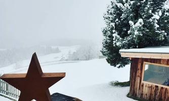 A snowy landscape with a wooden star in the foreground. In the background, trees and a wooden building are visible.