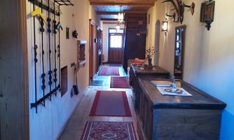 An inviting hallway with wood paneling and rustic furnishings. On the left side, hooks are hanging, and at the end of the hallway, there is a bright entrance.