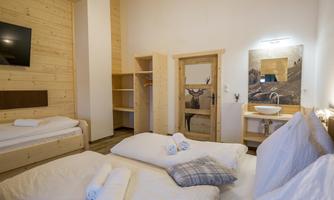 A cozy room with wooden paneling, two beds, and a television. A sink and a mirror complete the furnishings.