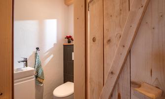 A modern bathroom with wooden paneling and sanitary facilities. There is a small sink and a plant decoration.
