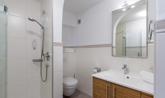 A modern bathroom with a shower, sink, and a large mirror. The walls are tiled in light colors, and the furniture is made of wood.