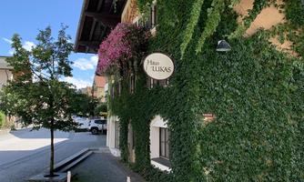 A charming building with a greened facade and blooming plants. The surroundings are tranquil with a clear blue sky.