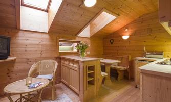 A cozy kitchen with wood paneling and skylights. The room is bright and inviting, with a wooden table and a chair.