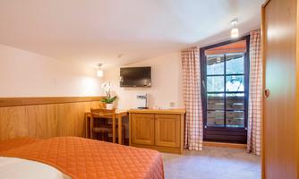 A cozy room with a double bed and wooden paneling. There is a table, a television, and a balcony with an outdoor view.