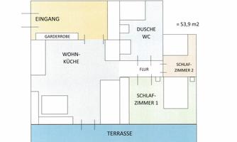 A floor plan of an apartment with various rooms. The area is 53.9 m² and shows an entrance area, a living kitchen, two bedrooms, and a terrace.