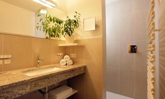 A modern bathroom with an elegant granite sink and fresh plants. The shower is bright and inviting, surrounded by neutral tones.