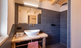 A modern bathroom with an open shower and an elegant washbasin. The walls are designed with dark tiles, and there is a wooden ceiling.