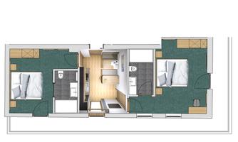 An overview of a floor plan with two bedrooms, a bathroom, and an open kitchen. The space is clearly structured and offers a functional arrangement.