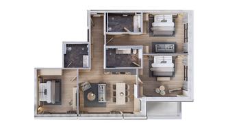 A floor plan of an apartment with several rooms. The rooms are modernly designed and include a bedroom, a living room, and bathrooms.
