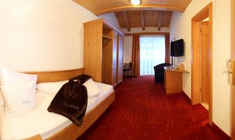 A cozy room with wooden paneling and red carpet. There is a bed, a desk, and a television, as well as a view of the balcony.