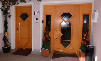 Two wooden entrance doors in a bright hallway. Next to the doors are decorative plants and a mailbox.