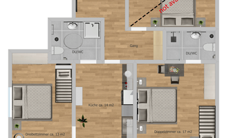 The image shows a floor plan of an apartment called "Apart Bergblick" for 4-6 people. The apartment has two bedrooms, a living room, a kitchen, and a balcony.