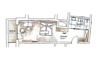 A floor plan of an apartment with a balcony. The rooms are simply sketched, including a living room, bedroom, and a bathroom.