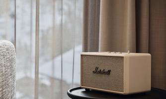 A modern speaker is on a table next to a window. The curtains are slightly translucent and let in soft light.