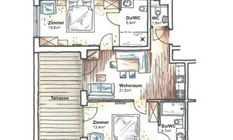 An apartment floor plan with a spacious living room and three bedrooms. The terrace area is also marked.