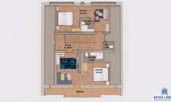 An apartment with several rooms, including a bedroom, living room, and a kitchen. The floor plan shows an open layout and a balcony.
