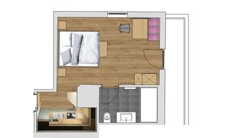 A floor plan drawing of an apartment with one bedroom, one bathroom, and a small kitchen. The flooring is light and the furniture is simply arranged.