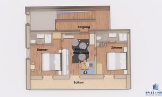 A floor plan of an apartment with multiple rooms, a kitchen, a bathroom, and a balcony. The rooms are clearly marked and show an open living atmosphere.
