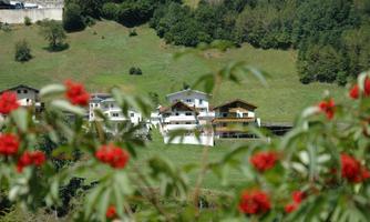 A picturesque view of a few houses in a green landscape. In the foreground, red flowers are blooming.
