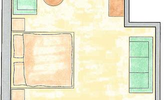 A floor plan drawing of an apartment with a balcony. The space includes a bedroom, a bathroom, and a living area.
