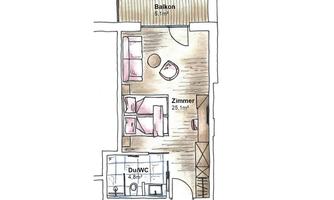 A simple floor plan drawing of an apartment. It shows a room with a balcony and a bathroom.