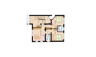 A floor plan of a house with several rooms and a staircase. The rooms are clearly marked and include living, sleeping, and sanitation areas.