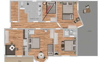 An apartment with space for 6-8 people and 3 bedrooms. The layout shows the kitchen, living room, and balconies.