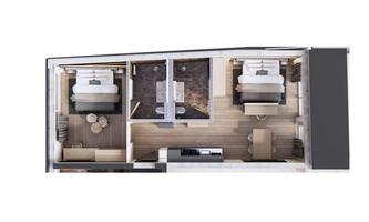 A modern room layout with two bedrooms and a shared living area. The space is bright and inviting, with functional furniture.