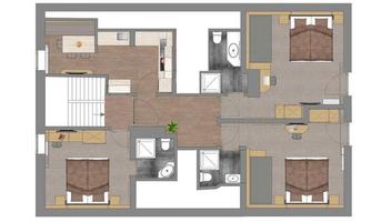 A floor plan of an apartment with four rooms. The layout includes a living room, two bedrooms, and two bathrooms.
