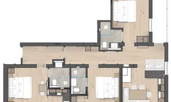 A modern apartment layout with multiple bedrooms and bathrooms. The rooms are bright and well-arranged.