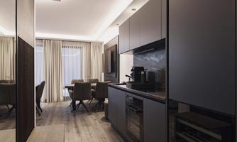 A modern kitchen with an elegant design and light curtains. In the background, there is a dining table with chairs.