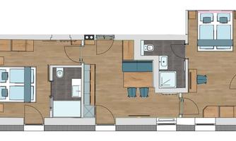 A floor plan of an apartment with two bedrooms, a living room, and a kitchen. The rooms are functionally arranged and show areas for dining and relaxation.