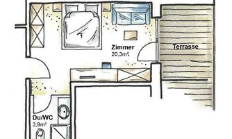 A simple floor plan diagram of an apartment. It shows a room, a bathroom, and a terrace.