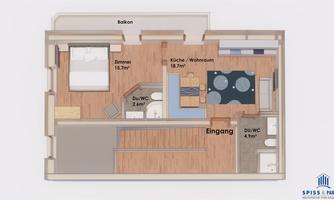 A floor plan drawing of an apartment with different rooms. It shows a bedroom, kitchen/living room, and bathroom.