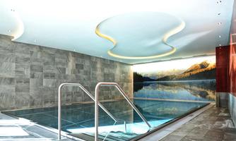 A modern wellness area with a clear swimming pool. An impressive landscape picture of mountains and a lake can be seen on the wall.