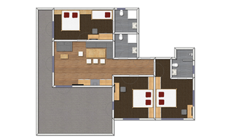 A floor plan of an apartment with three bedrooms, a living room, and two bathrooms. The representation shows a clear layout and furniture arrangement.
