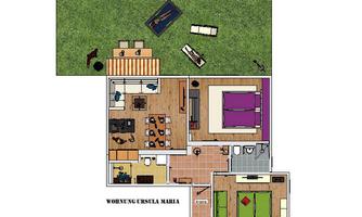 An architectural floor plan representation of an apartment. The rooms are clearly arranged, and a garden area is visible.