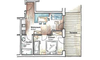 A floor plan of an apartment with a living room, two bedrooms, and a terrace. The representation shows the room layout in detail.
