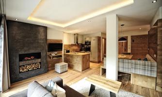 A modern apartment with an open living and kitchen area. The space is stylishly designed with wood and neutral colors, with a fireplace as a central element.