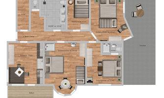 Floor plan drawing Bergerleben 4 rooms, & large kitchen with balcony + terrace.