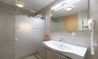 A modern bathroom with an elegant sink and a large mirror. The walls are in soft gray tones, and there is a shower with a stylish glass partition.