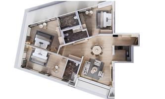 A modernly designed layout of a living space. It shows the arrangement of furniture in several rooms.