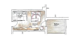 A floor plan of an apartment with one bedroom, one bathroom, and a balcony. The room layout is clearly and comprehensively displayed.
