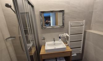 A modern bathroom with a shower, a sink on a wooden base, and a radiator. The walls are painted in subtle shades of gray, and a mirror is attached to the wall.