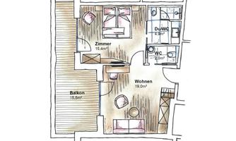 A floor plan drawing of an apartment with various rooms. Included are a living area, two rooms, a bathroom, and a balcony.