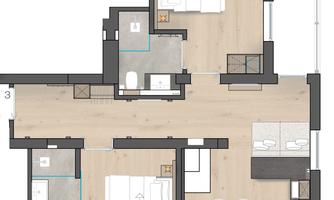 A modern apartment with multiple bedrooms and bathrooms. The layout features an open living area and a bright, welcoming design.