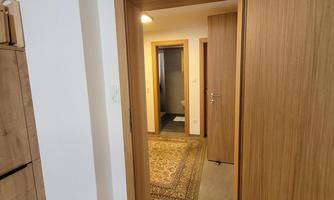 A bright hallway with an open door leading to another room. The floor is wooden and a carpet is placed in the entrance area.