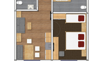 A floor plan of an apartment. The areas include a living room, a kitchen, and two bedrooms.