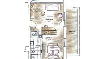 A simple floor plan sketch of an apartment. It shows the living room, a room, as well as a toilet and a balcony.